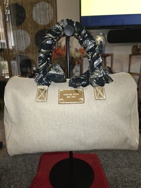 Michael Kors Beige Canvas Satchel with Black & Gold Wrapped Handles